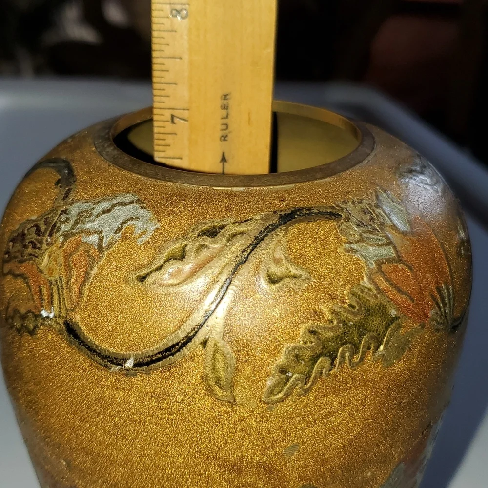 Early Century French Art Brass Vase Flower Pot Raised Design Blue Green Gold